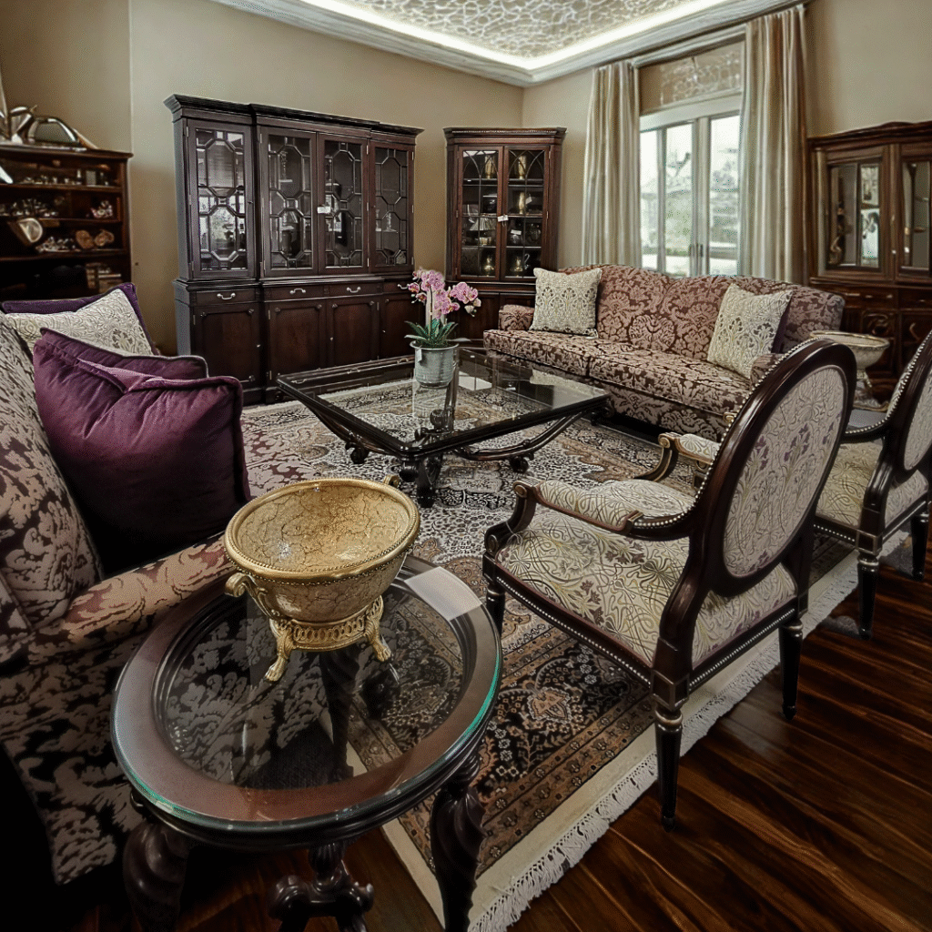 An elegant Luxurious dining room setting with the finest, furniture from South Africa's most luxurious ship in Kramerville, Griffiths and Griffiths.