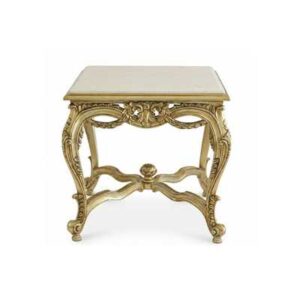 A square, antique-style lamp table featuring an intricately carved, gilded gold wooden frame and a smooth, light-colored marble top. The table has elegant cabriole legs, ornate floral and leaf carvings along the apron, and a curved cross stretcher with a central carved finial, all set against a plain white background.